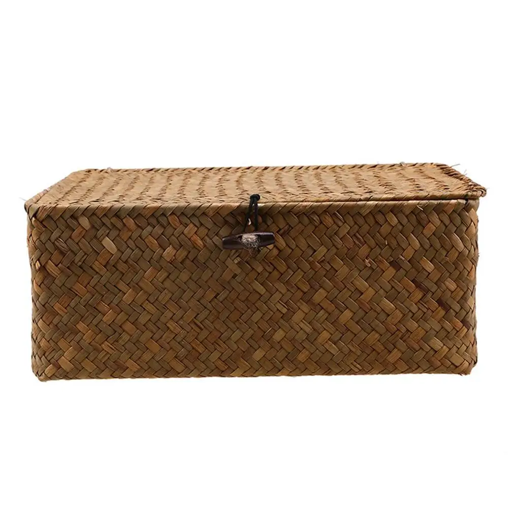 Seaweed Hand-Woven Storage Box Desktop Sundries Clothes Basket Finishing With Lid | Дом и сад