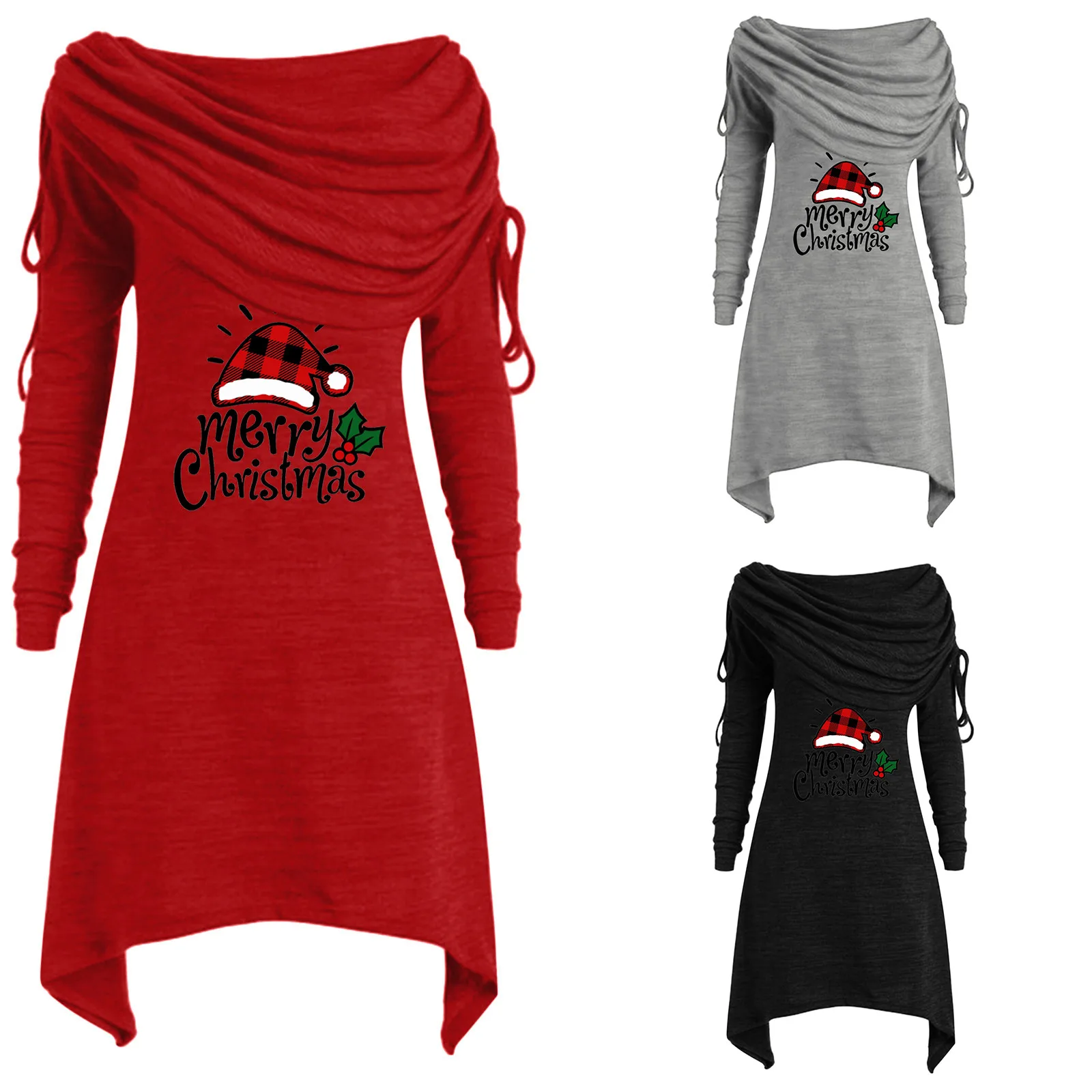 

Женское рождественское Платье с воротником-шарфом, зимнее Платье с длинным рукавом, повседневное плиссированное Платье с длинным рукавом, ...