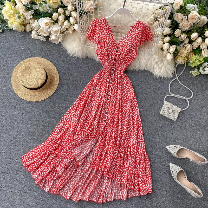 ALPHALMODA 2020 New Holiday Backless Floral Dress Irregular Design Single Breasted Slim Waist Women Beach Seashore Resort | Женская