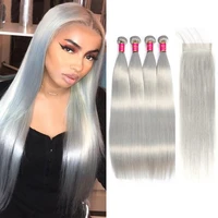 ombre sliver grey bundles with closure 4x4 brazilian straight hair weave bundles with hd lace closure remy human hair extension