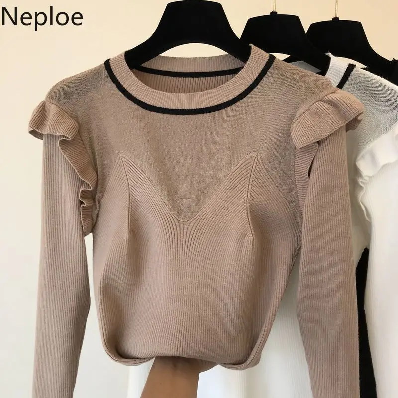 Neploe Ins/элегантный трикотажный женский свитер с О-образным вырезом оборками