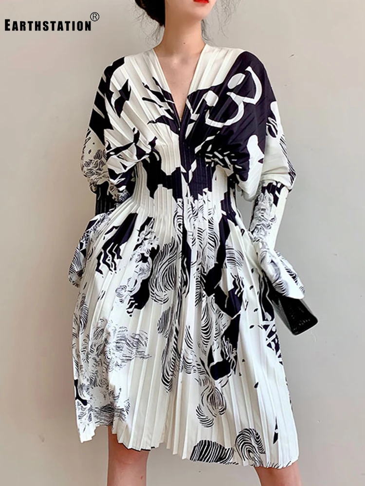 Бесплатная доставка Ретро платье с абстрактным принтом талия плиссированное