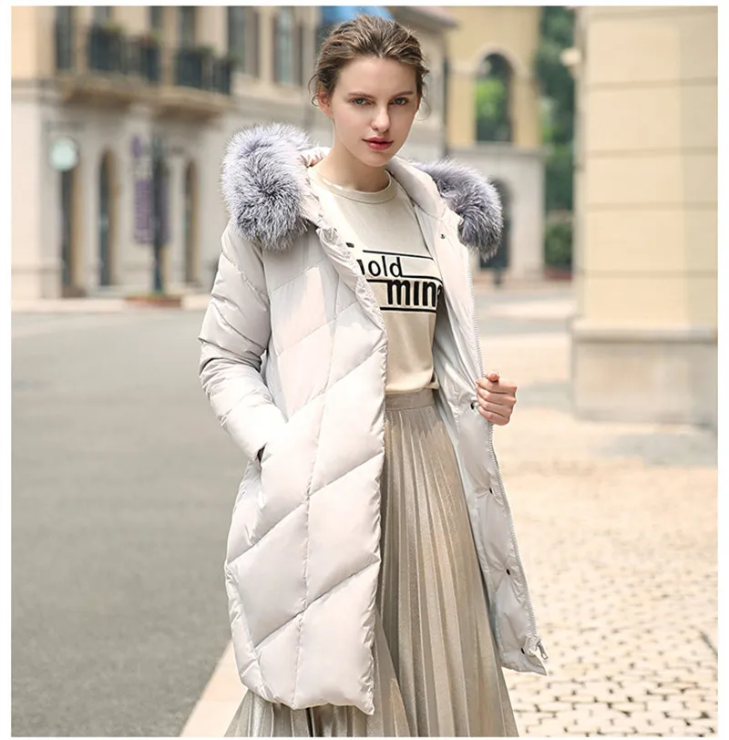 Модные женские куртки на пуху с меховым воротником и капюшоном женская зимняя