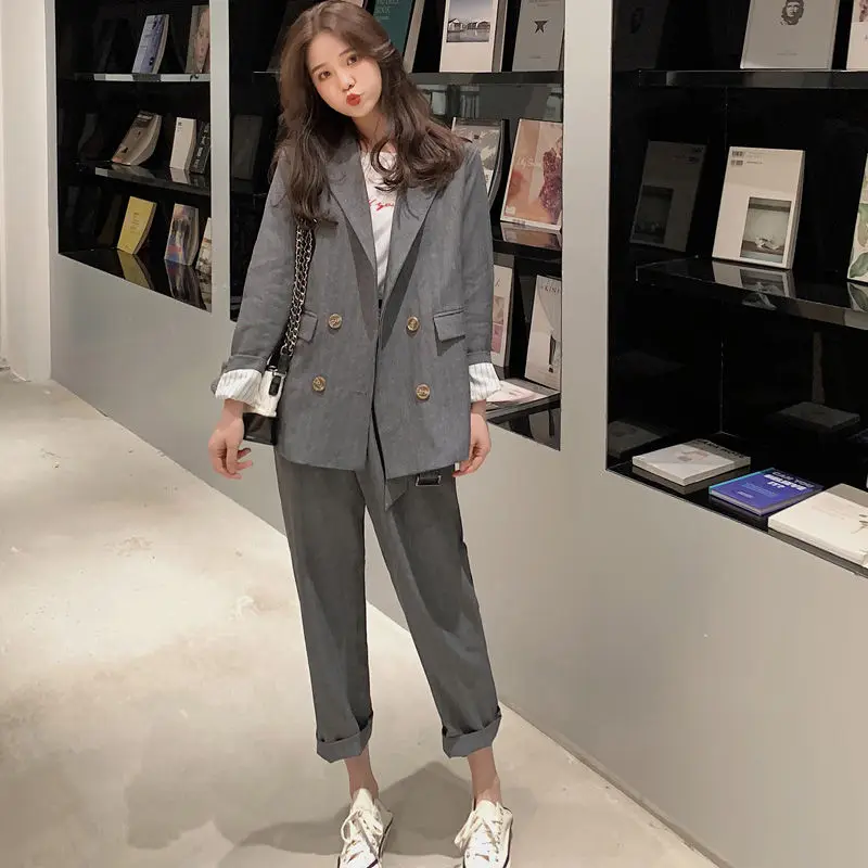 

2020 New Korean Women Work Pants Suits Female Casual Double Breasted Loose Blazer Jackets & Zipper Trousers Two Peice Set L72
