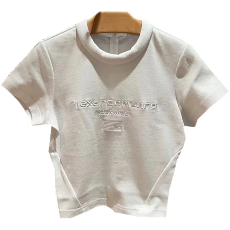 

Aw Wang AW New Slim Thin Letter Embroidery Design Sense White Short-sleeved T-shirt Women's Short Top