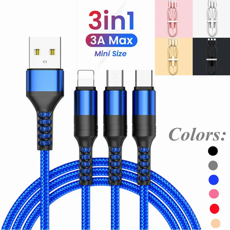 

1/1.2 M Multi-Color Data Cable 3-IN-1 Fast Charging Line Type C USB Lighting Braided Anti-Break Phone Accessories