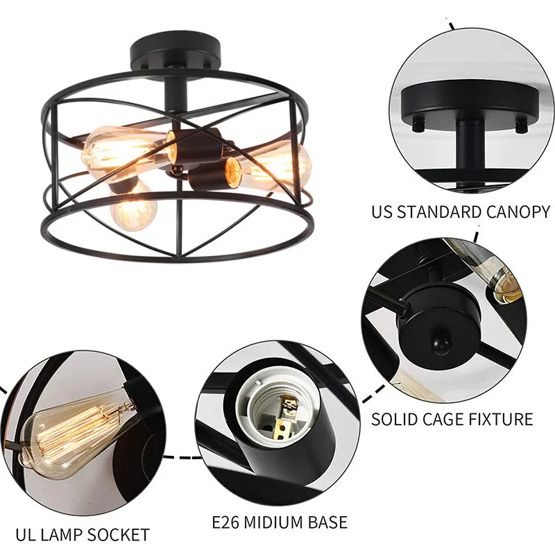

American Vintage Ceiling Lamp Industrial Style Living Room Corridor Bedroom Ceiling Light Round Three Head Chandelier Lamps