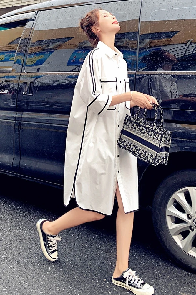 

Elegant White Office Lady Shirt Dress 2021 Summer Pocket Single-Brewed Long Sleeve Dress Women Simply Plus Size Loose Midi Dress