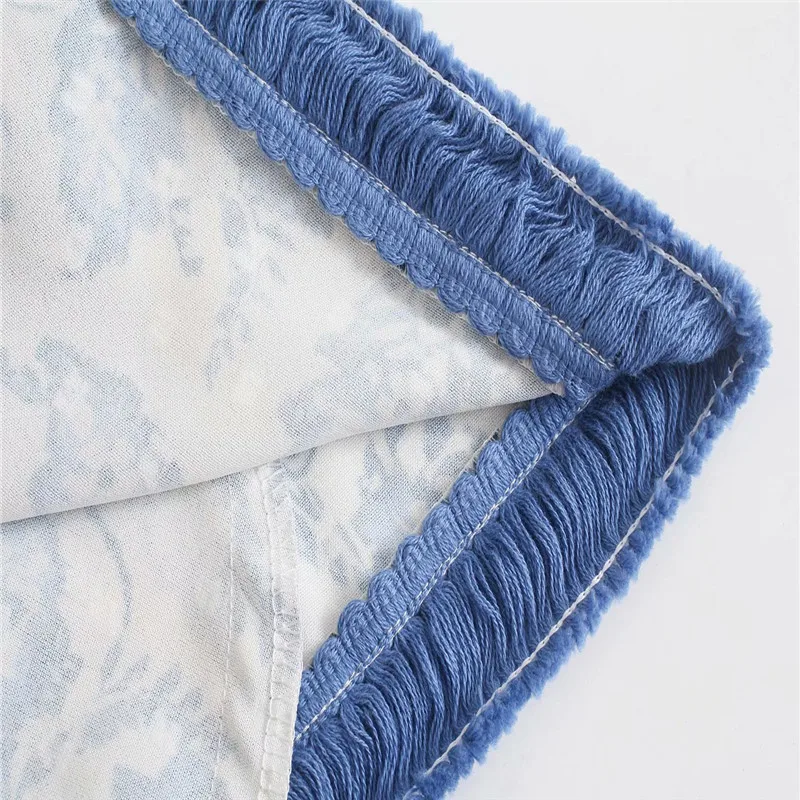 

Za 2021 Blue Floral Print Kimono Blouse Women Long Sleeve Bow Belt Beach Kimono Woman Vintage Tassel Summer Top Loose Blouses