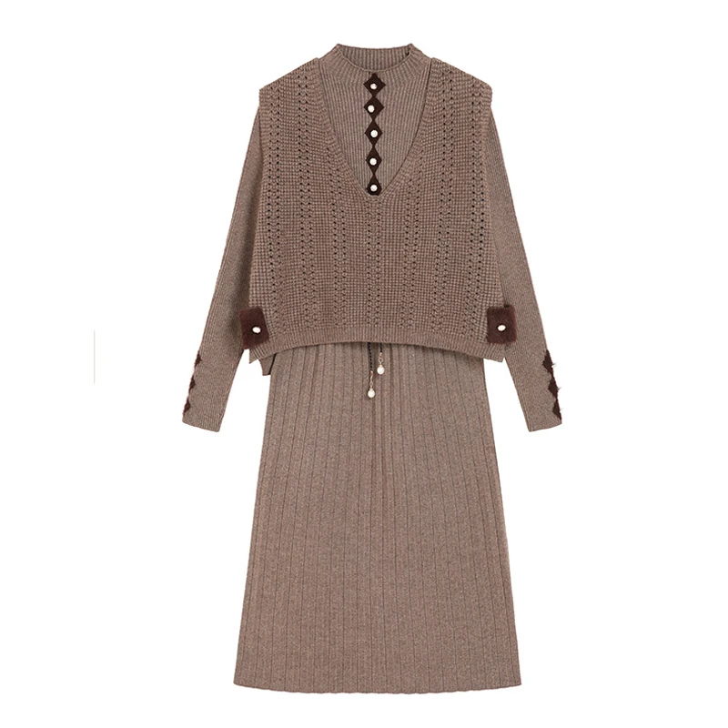 

Lucyever Autumn Women Knitted 2 Piece Sets Sweater Long Sleeve Pullover Button Top Winter Elastic Korean Midi Skirt Outfits 2021