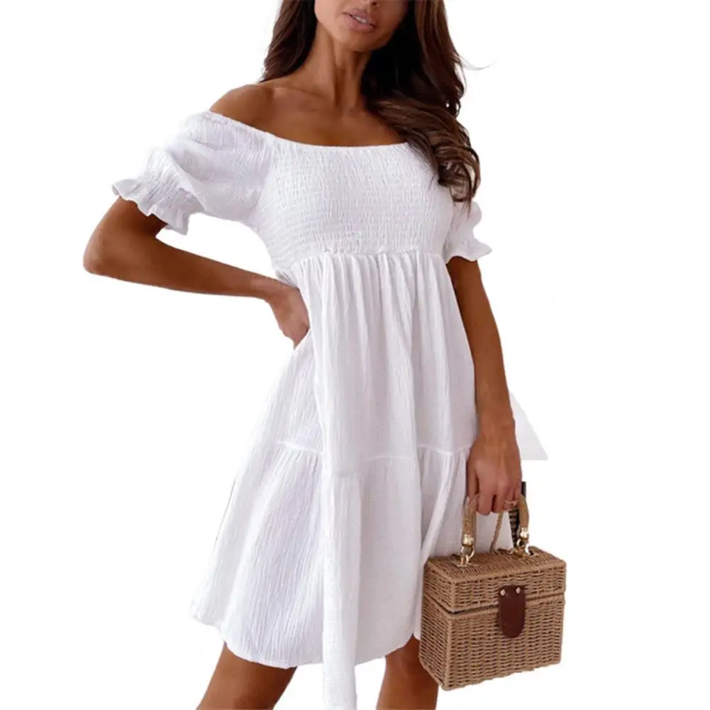 

Women Mini Dress Off Shoulder Ruffle Elastic Solid Color Short Sleeve Plus Size Summer Dress Sundress Robe