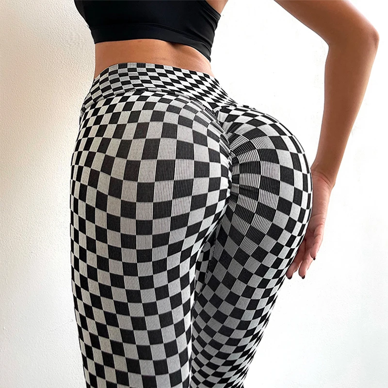 

Girl Checkerboard Lattice Peach Fitness Pants Women High Waist Tight Fitting Running Cloth Quick Drying Hip-lifting Yoga Pants