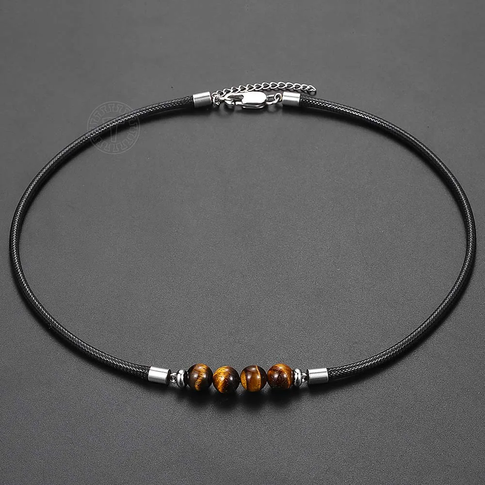 Trendsmax 8mm Natural Tiger Eye Stone Bead Necklace Charm Black Leather Cord Choker for Men Women Jewelry Gift DN125 | Украшения и