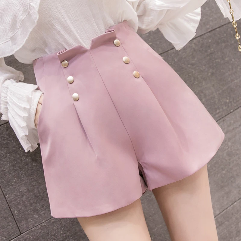 Женские черные шорты на молнии модные с высокой талией и пуговицами Элегантные