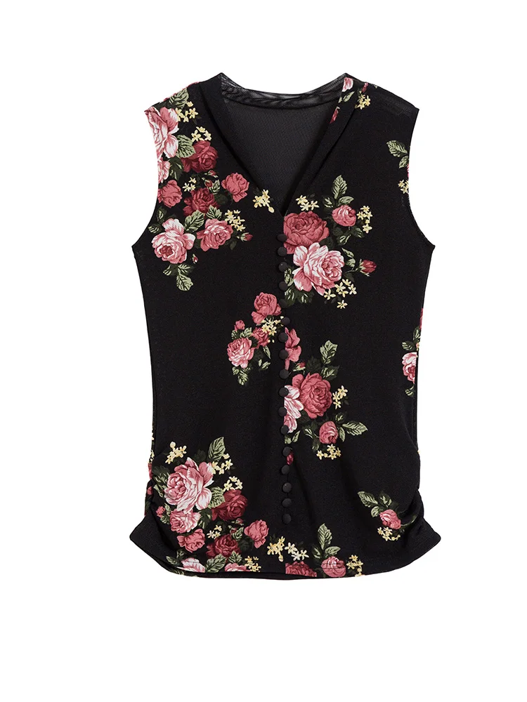 

2021 Summer New Flower Pri Tank Top Slim Sleeveless Vest V-neck Sexy Women Mesh Tank Tops Vest Female Black Lady Slim Clothing