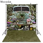 Весенний фон старый винтажный автомобиль свежие цветы сад трава Новорожденный ребенок портрет вечерние фотография Фон Фотостудия