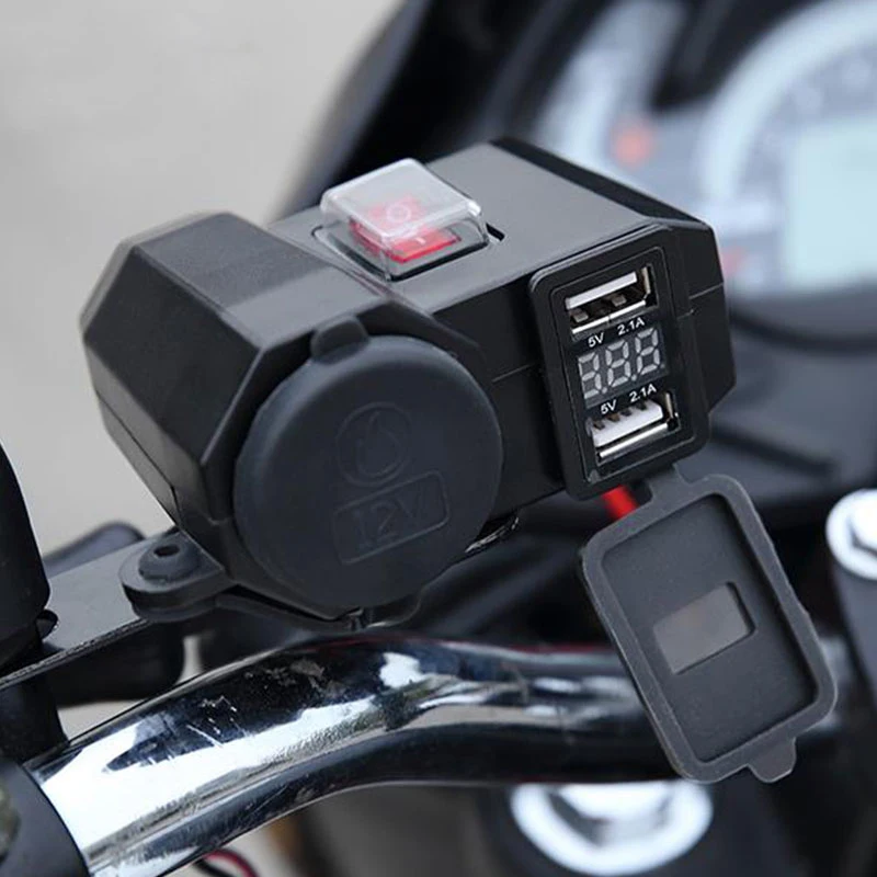 

5V/2.1A Dual USB Charger Socket Waterproof Motorcycle Handlebar Clamp Power Adapter Charger USB Charging System with Cigarette