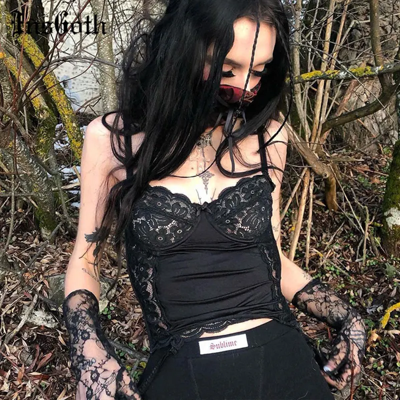 Винтажный кружевной черный топ InsGoth готический сексуальный бюстгальтер