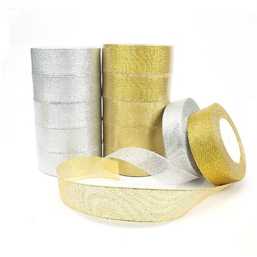 

0.6-5cm Satin Ribbon Packaging Gift Gold Silver Glitter Embroidered Belt Webbing Cake Box Wrap Ribbon Party Accessories 25Yard