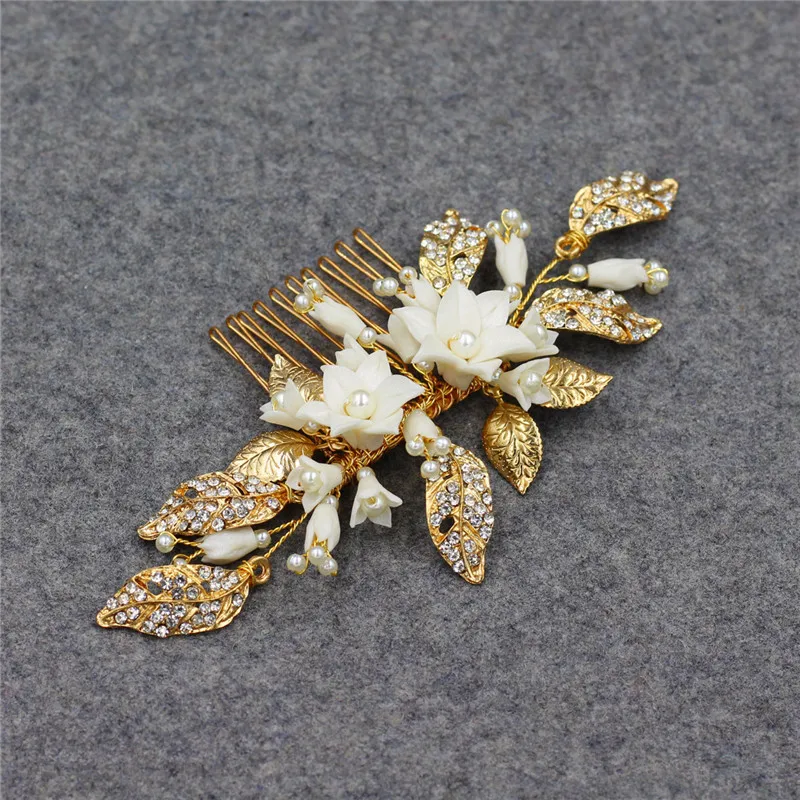 

Delicate Wedding Hair Accessories Comb Clay Flower Bridal Headpiece Gold Leaf Women Hair Jewelry Handmade Combs