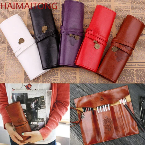 

New Style Roll PU Leather Purse Pouch Makeup Pem Pencil Case Cosmetic Bag Retro