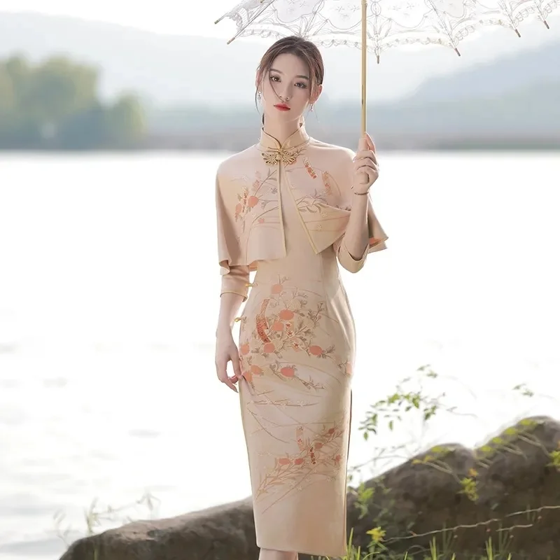 Spring Elegant Slim Two-piece Chinese Traditional Dress Women Hanfu Long Sleeve Qipao+Shawl Set Female Vestido Chino Cheongsams images - 6