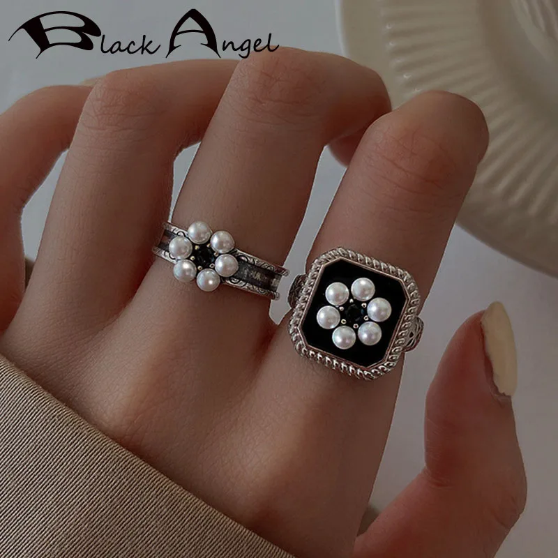 

BLACK ANGEL 925 Sterling Silver Delicate Pearl Flower Open Ring Vintage Palace Style Elegant Jewelry Party Gifts For Women