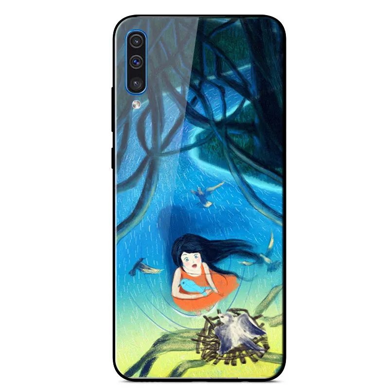

For Samsung A50 Case Fashion Mirror Painted Tempered Glass Case For Samsung Galaxy A50 A 50 A50S A30S Silicone Bumper Back Cover
