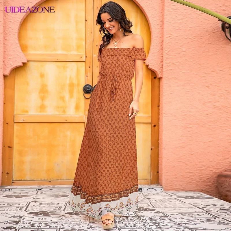 Женское платье макси в богемном стиле с оборками и вырезом лодочкой Пляжное