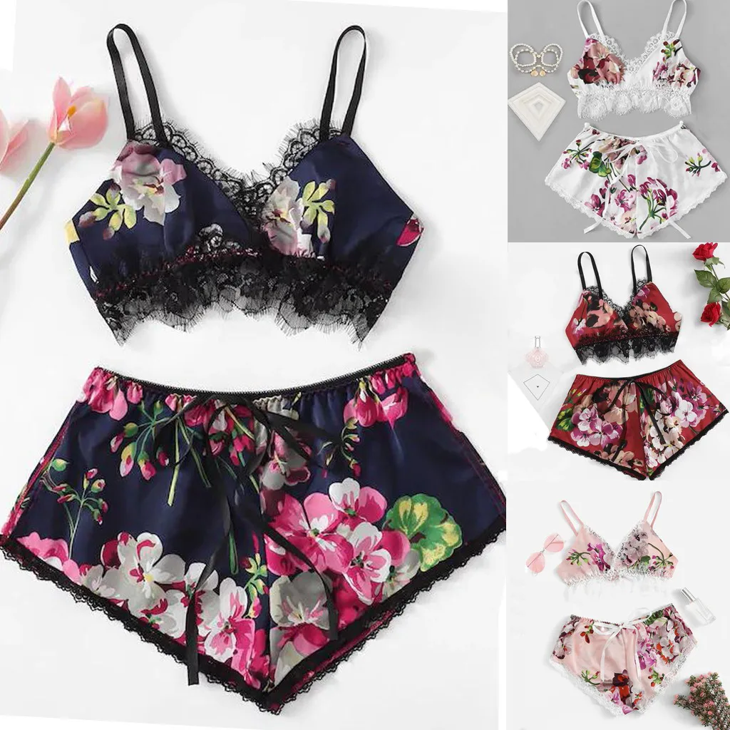 

Floral Print Pajamas Women Satin Tops Pants Sexy Nightwear Pyjamas Female Sleepwear Sets Lace up Sleeveless Pijamas Lingerie
