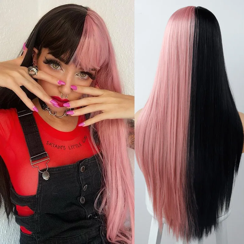Perucas de Cabelo Sintético para Mulheres Longa e Lisa para Mulheres Resistente ao Calor Peças de Cabelo Linghang Peruca Negras Falso Feminino Cosplay 1 Cheap Peruca sintética