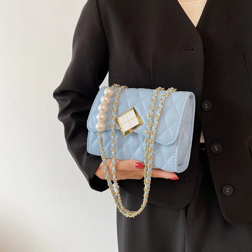 

Cute Girls Mini Brands Cometic Bag PU Leather All-Match Women's Wallet Bag With Pearl Strap Diamond Lattice Purse Uncle Nine