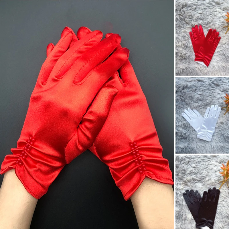 

Short Stretch Satin Embroidered Bead Pleated Gloves Women Bride Elegant Gloves Full Finger Wrist Length Party Wedding Gloves