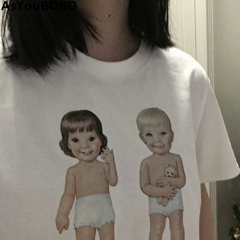Y2K Summer Women Cotton T-Shirt Print Graphic Short Sleeve Tees Designer Indie Kawaii Cute Baby Boy Girl White Large Size