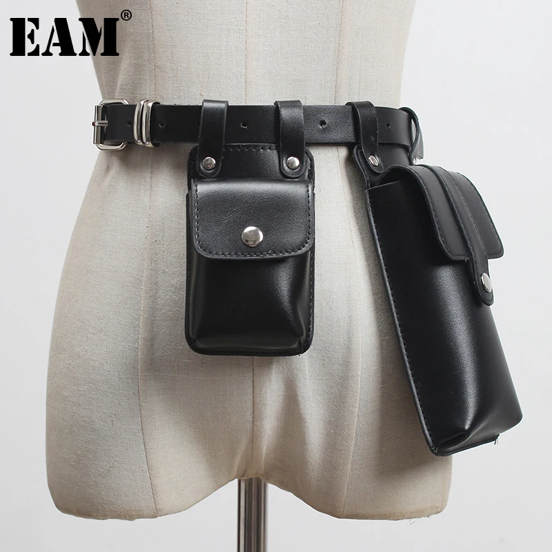 [EAM]  Pu Leather Black Mini-bag Irregular Long  Belt Personality Women New Fashion Tide All-match Spring Autumn 2023 1DA525