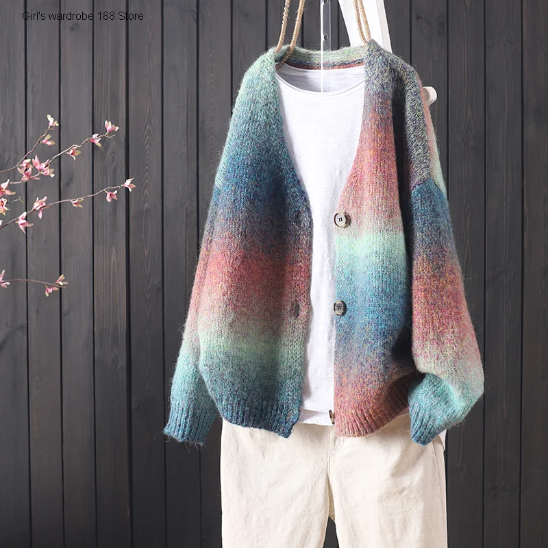 

Мягкий и удобный мохеровый Трикотажный свитер с контрастными пуговицами для женщин, Повседневный шерстяной смешанный свитер на осень и зим...