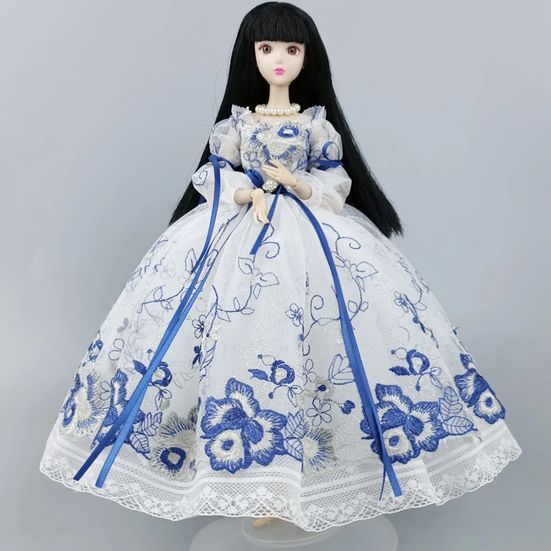 

Модное Вечернее Платье с белыми и синими цветами для кукол Барби, наряды, платья принцессы, костюм для кукол 1/6 BJD, аксессуары, игрушки