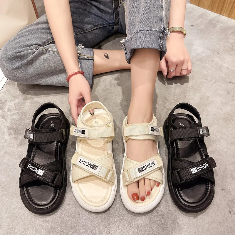 

All-Match Low Sandals Woman Leather Beach Shoes Suit Female Beige 2021 Summer Espadrilles Platform Clogs With Heel Low-heeled Co