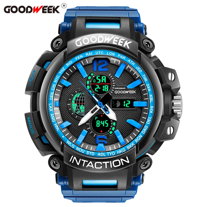darkblue GOODWEEK мужские спортивные часы аналоговые цифровые часы Quartyz Водонепроницаемые многофункциональные часы с двойным дисплеем хронограф Reloj Hombre - Цвет: darkblue