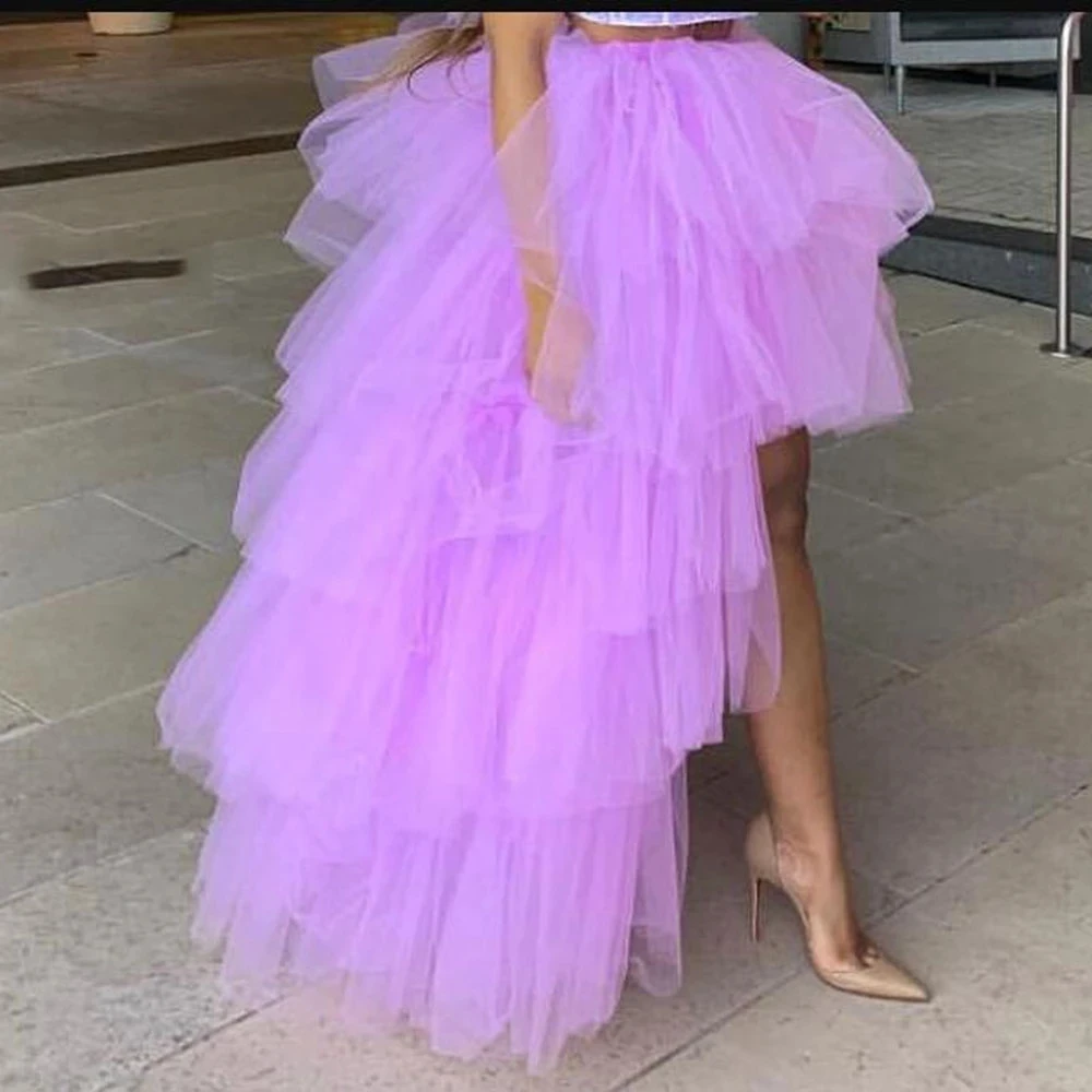 Lavender High Low Tulle Skirts for Woman Puffy Tiered Train Tulle Skirt for Female Wedding Cocktail Party Evening Dress Style