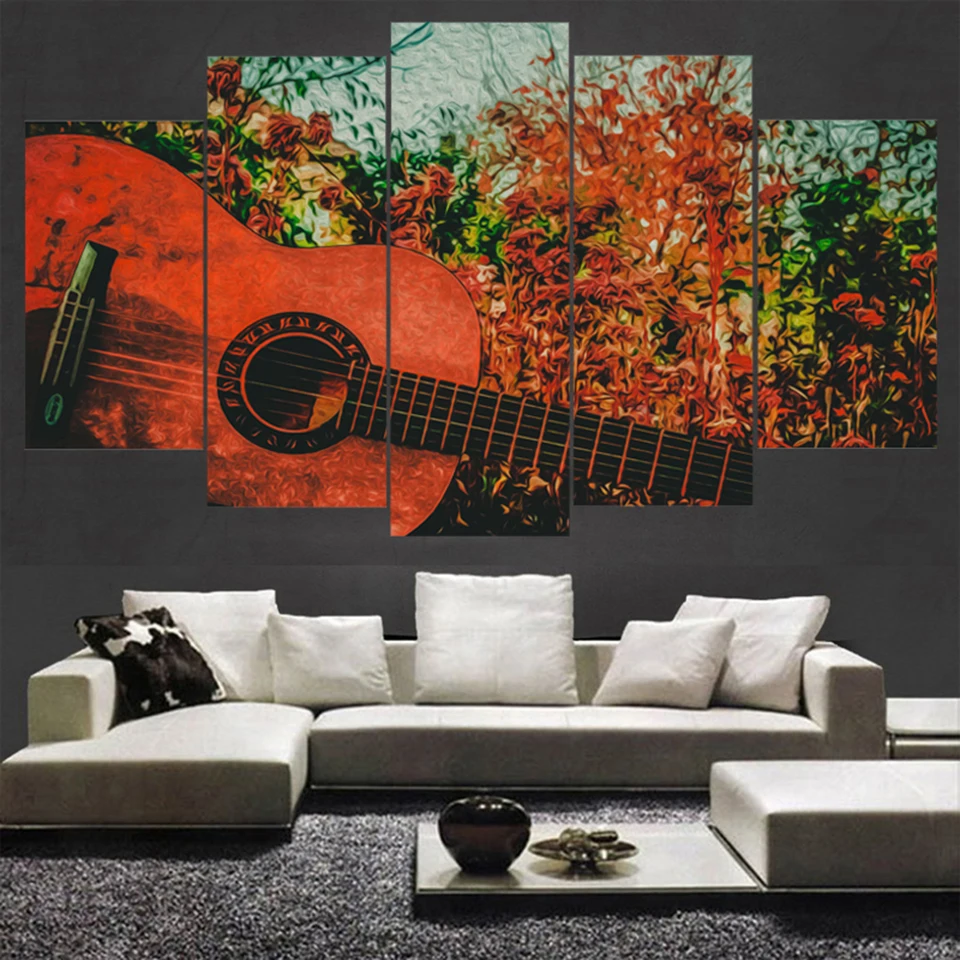 Pretty Modern Canvas HD Wall Art Frame Modular Printed Pictures Living Room Decor 5 Pieces Abstract Guitar Music Poster Painting | Дом и сад