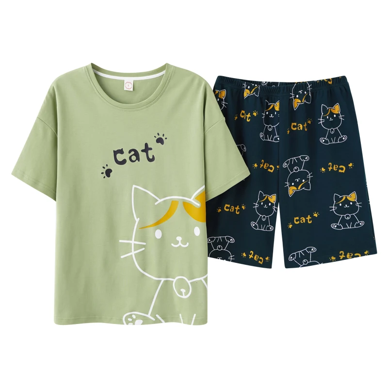 

Short Sleeve Ladies Soft Sleepwear Summer Couple Home Wear Cartoon Cute Kitten Pure Cotton Round Neck Ladies Loose Plus Size
