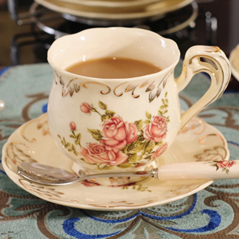 

JOUDOO New Handpainted Rose Coffee Cup Set European Ceramic Cup Bone China Classic Drinkware Gift