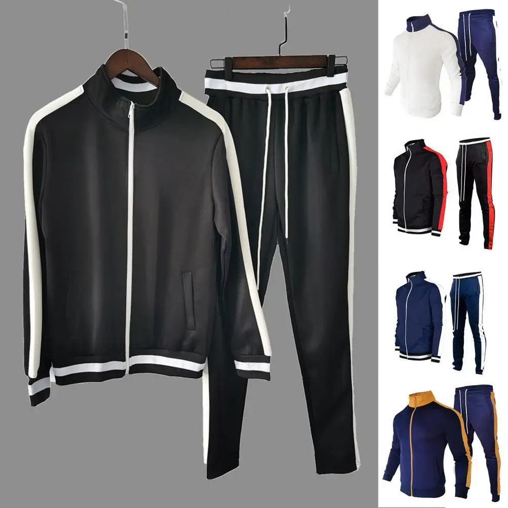 

Patchwork Stand Collar Sweatshirt Pants Set 2 Pieces Long Sleeve Zipper Drawstring Warm Tracksuit Set for Sports