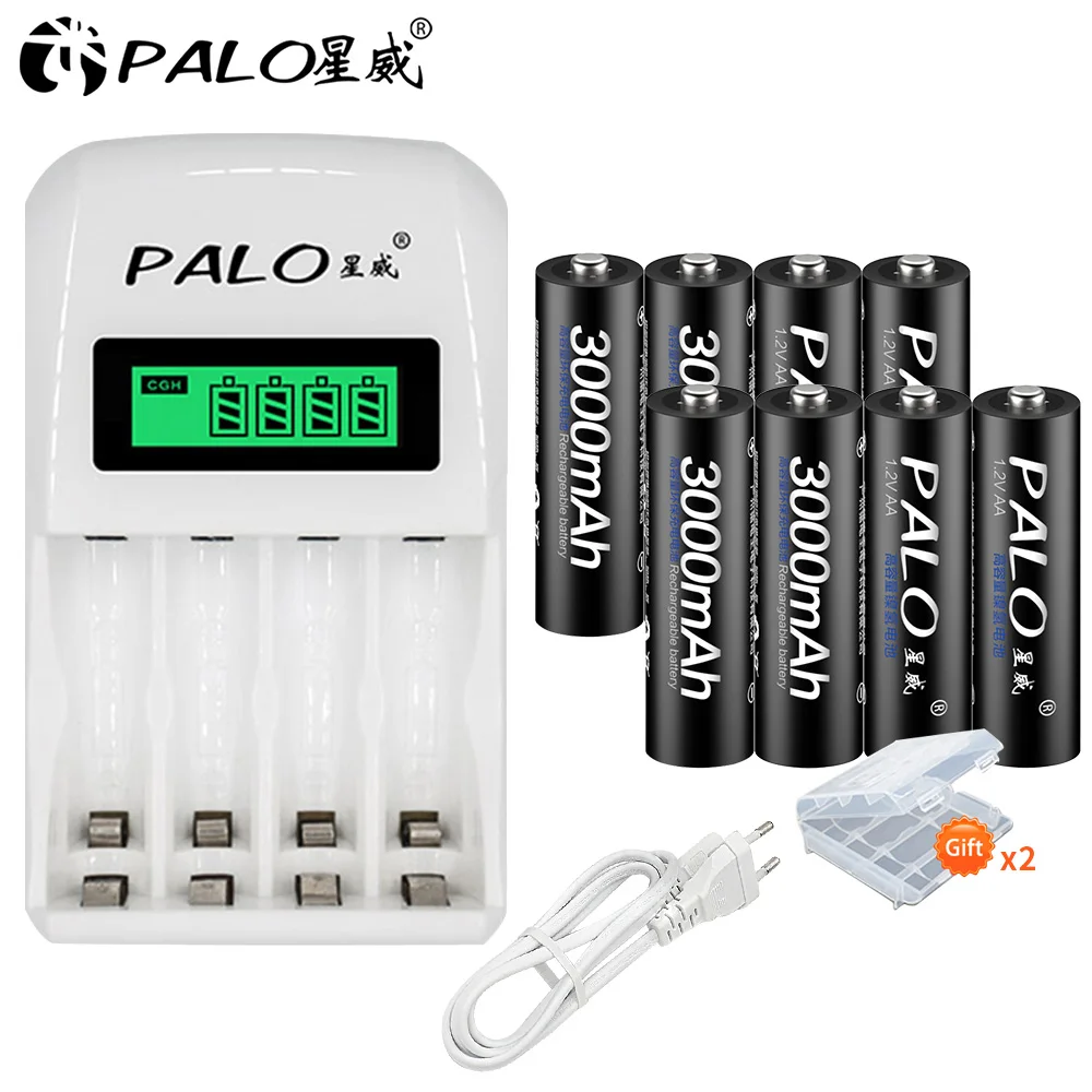 PALO 8 шт. AA 3000mAh Ni-MH 1,2 V перезаряжаемые батареи aa аккумулятор с ЖК-дисплеем смарт-зарядное устройство - Цвет: 8PCS with charger