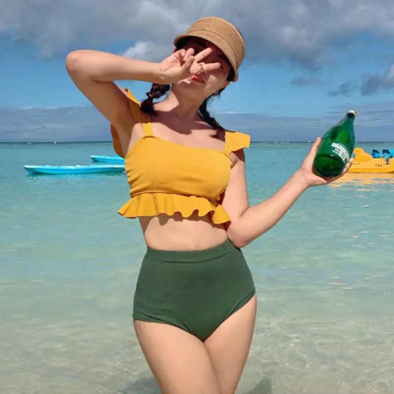 Новый женский купальник бикини с маленькой грудью высокой талией закрывающий