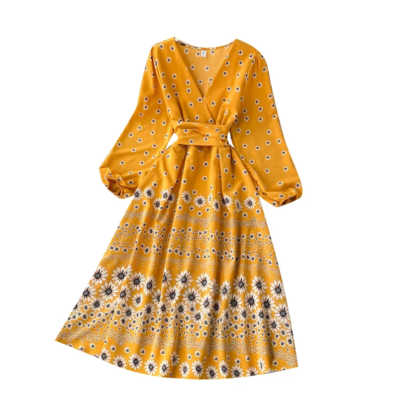 

Vintage Autumn Floral Dress Women's 2020 New Design Strap Waist Slim V-neck over-the-Knee midi Dress Women vestidos de fiesta