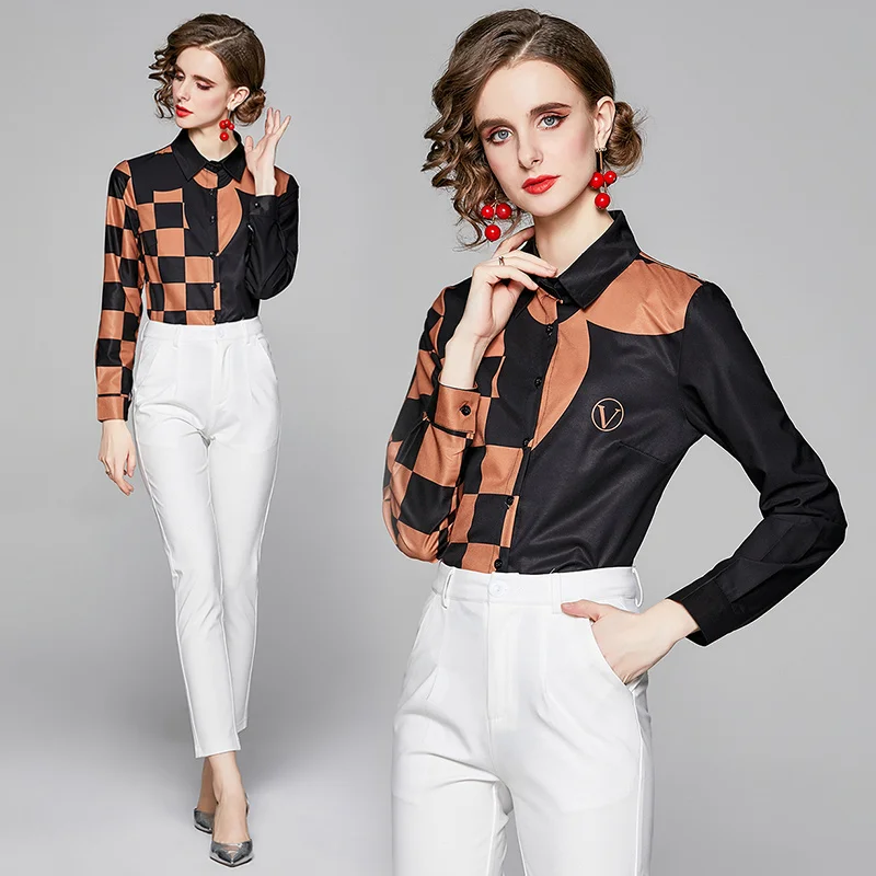 

2021 Long Sleeve Spring/Autumn England Style Elegant Fashion Turn-down Collar Women Shirt Blouse Plaid Print Patchwork Top Fall