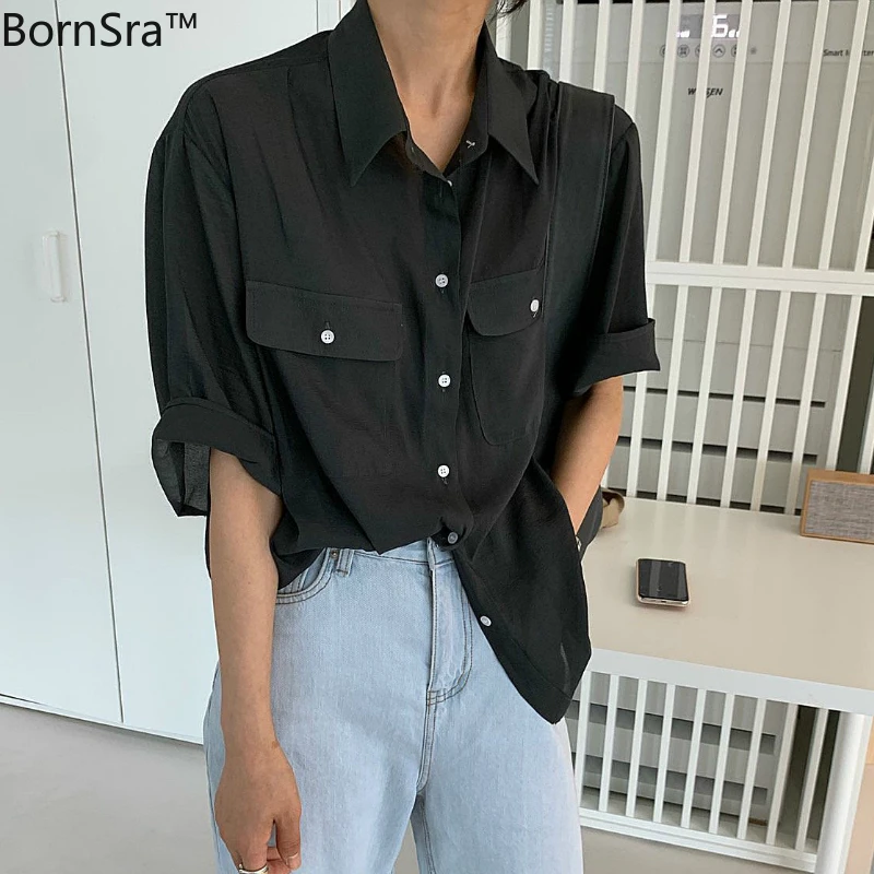 

Bornsra 2020 Summer Pockets Full Chiffon Casual Woman Black and White Shirts Square Collar Regular Female Tops and Blouses
