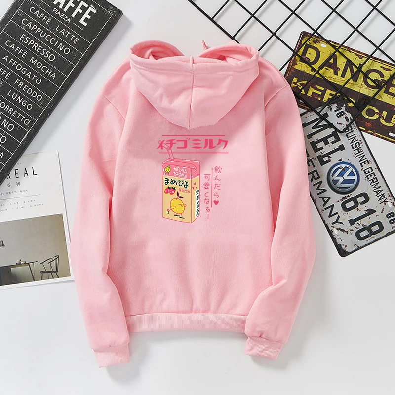 Harajuku флисовые толстовки для женщин клубничное Молоко печати Kawaii повседневные свободные толстовки пуловер с капюшоном Корейская одежда